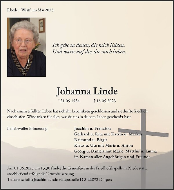 Traueranzeige von Johanna Linde
