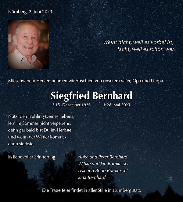 Traueranzeige von Siegfried Bernhard