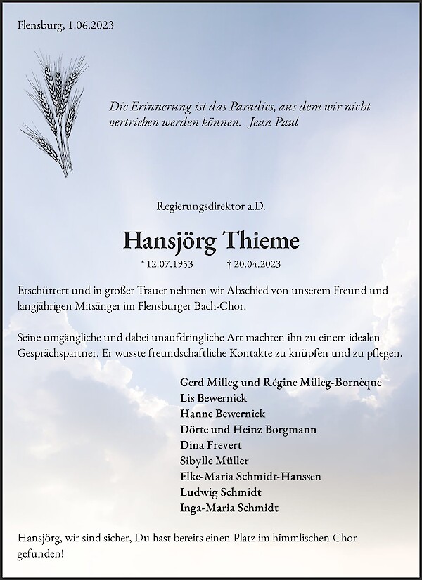 Traueranzeige von Hansjörg Thieme