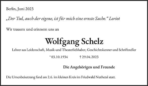 Traueranzeige von Wolfgang Schelz, Berlin