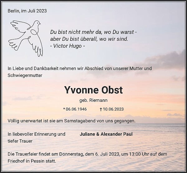 Traueranzeige von Yvonne Obst, Pessin