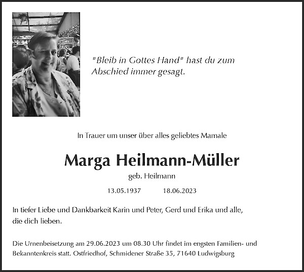 Traueranzeige von Marga Heilmann-Müller, Benningen