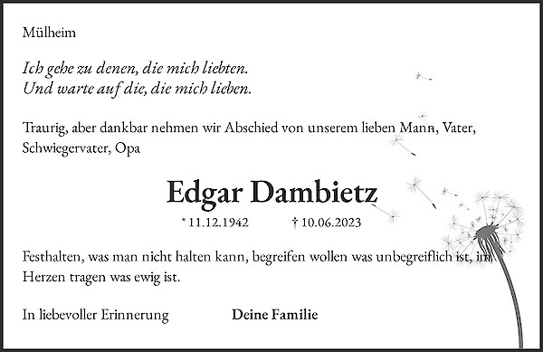 Traueranzeige von Edgar Dambietz, Mülheim
