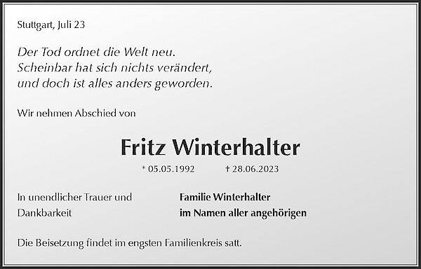Traueranzeige von Fritz Winterhalter, Berlin