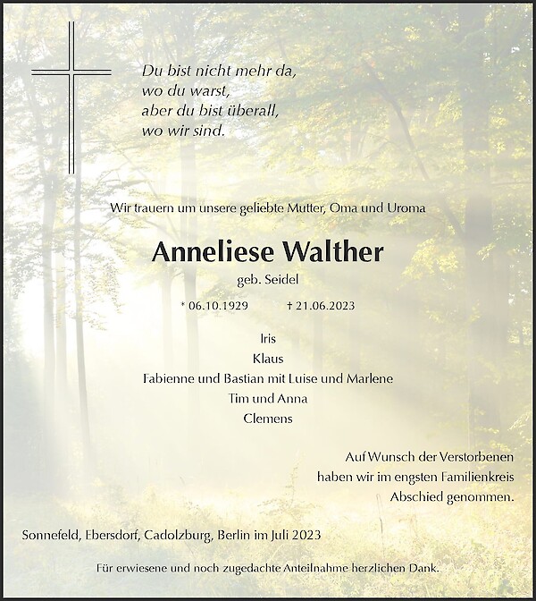 Traueranzeige von Anneliese Walther