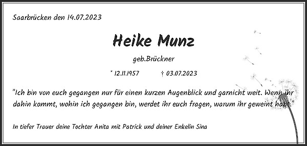 Traueranzeige von Heike Munz, Saarbrücken