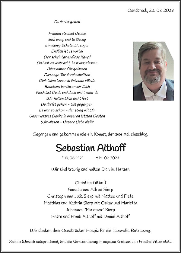 Traueranzeige von Sebastian Althoff