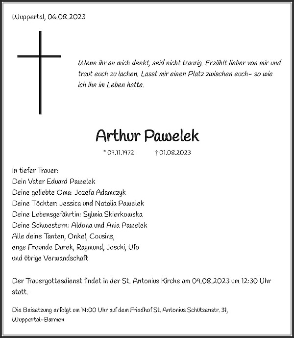 Traueranzeige von Arthur Pawelek