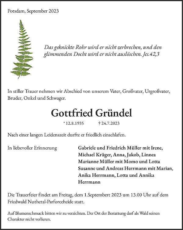 Traueranzeige von Gottfried Gründel, Potsdam