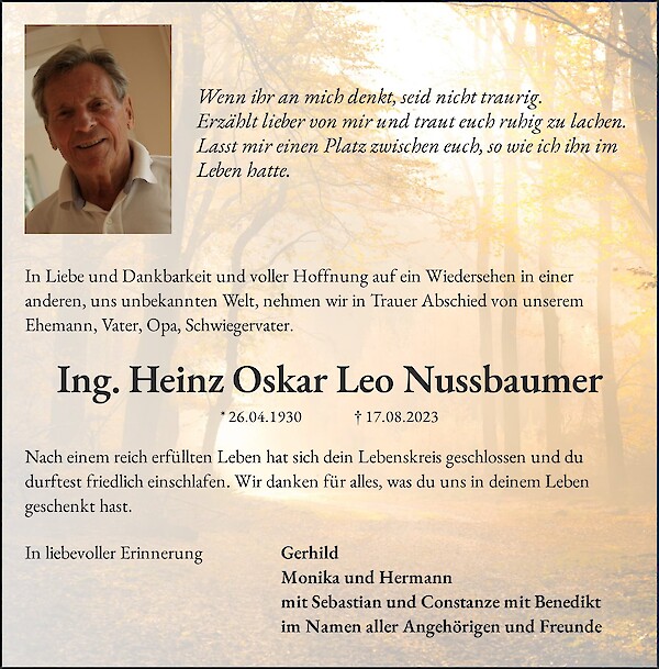 Traueranzeige von Ing. Heinz Oskar Leo Nussbaumer, Salzburg