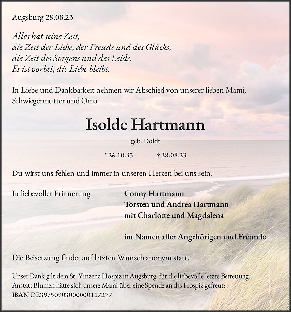 Traueranzeige von Isolde Hartmann, Karlsruhe