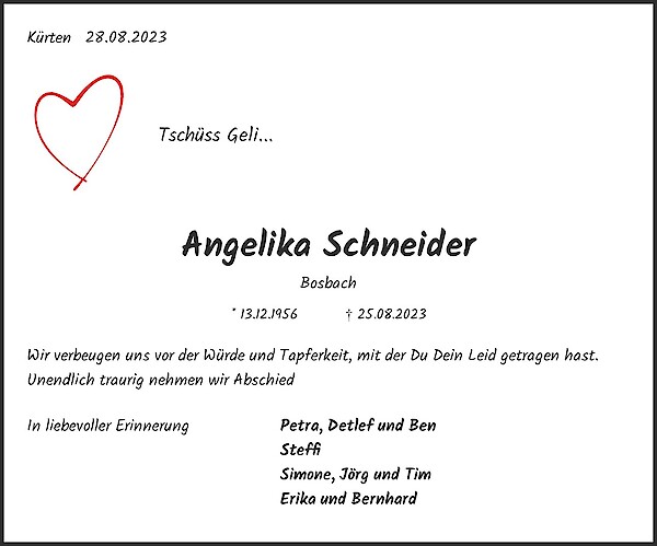 Traueranzeige von Angelika Schneider, Kürten
