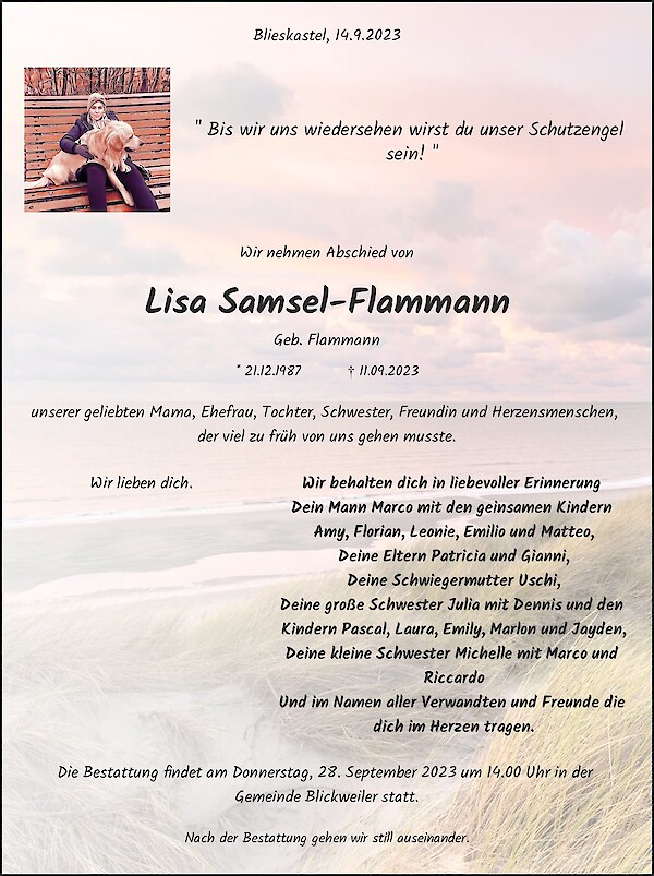Traueranzeige von Lisa Samsel-Flammann, Blieskastel