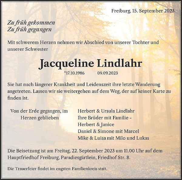 Traueranzeige von Jacqueline Lindlahr