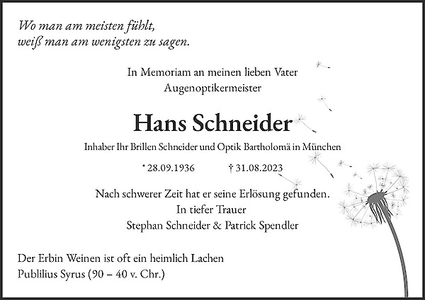 Traueranzeige von Hans Schneider, München