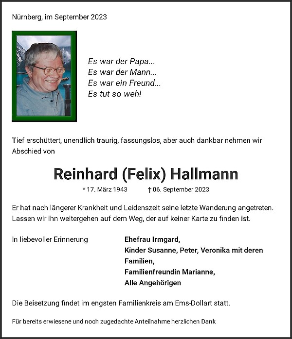 Traueranzeige von Reinhard (Felix) Hallmann, Nürnberg