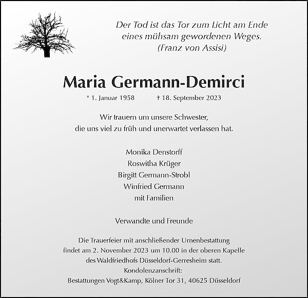 Traueranzeige von Maria Germann-Demirci