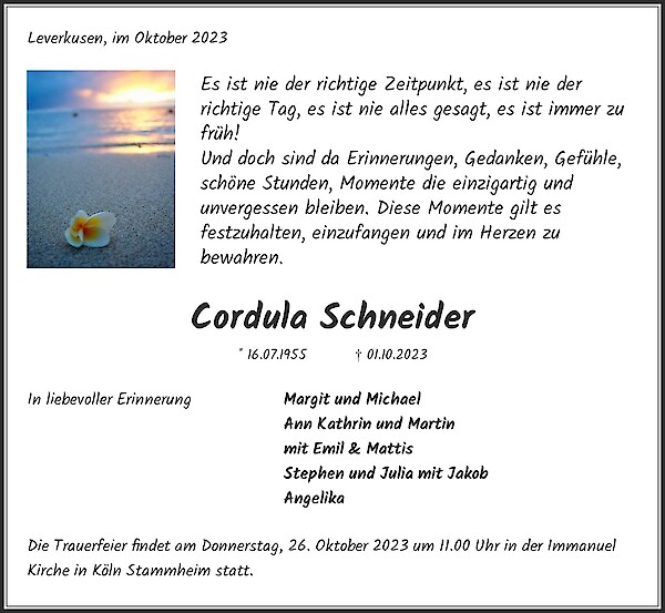 Traueranzeige von Cordula Schneider