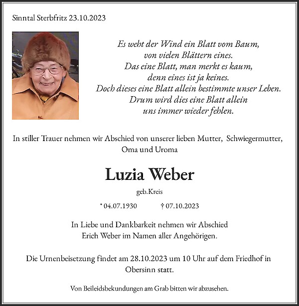 Traueranzeige von Luzia Weber, Sinntal Sterbfritz