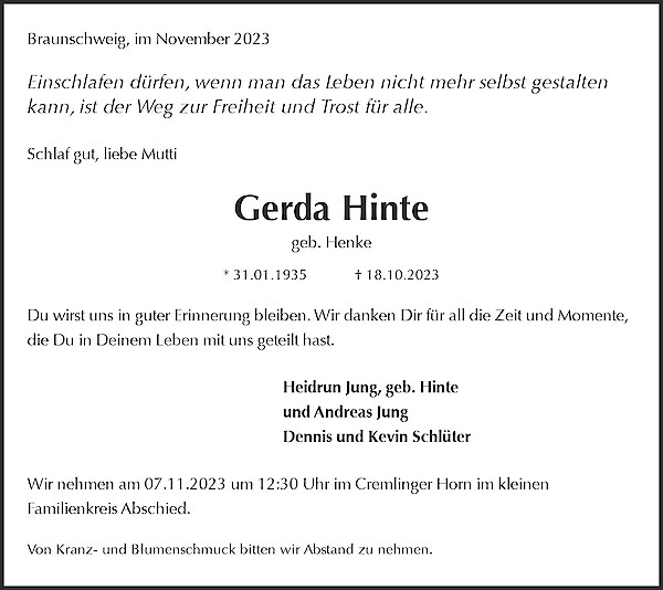 Traueranzeige von Gerda Hinte, Braunschweig