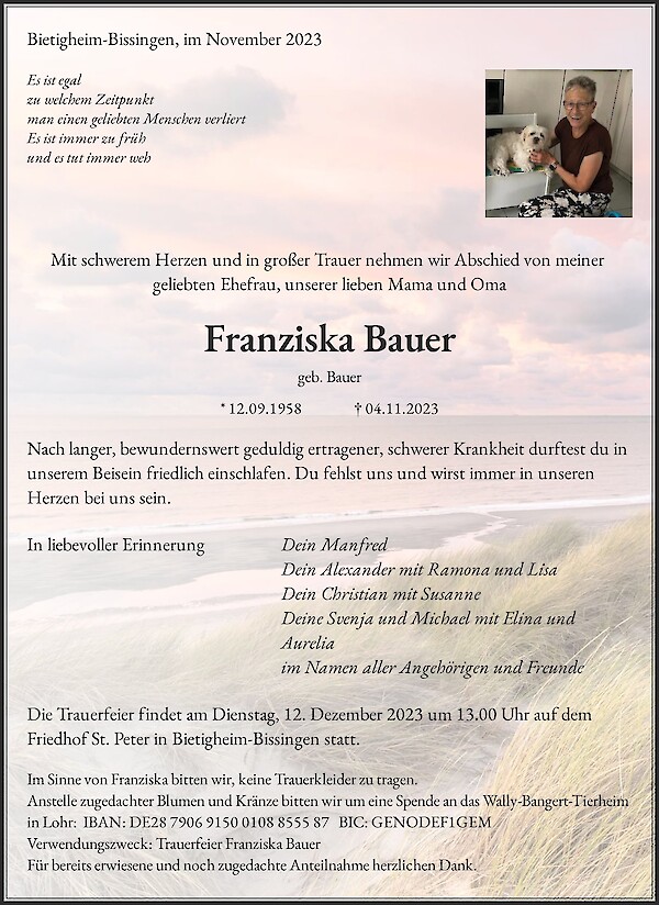 Traueranzeige von Franziska Bauer, Bietigheim-Bissingen