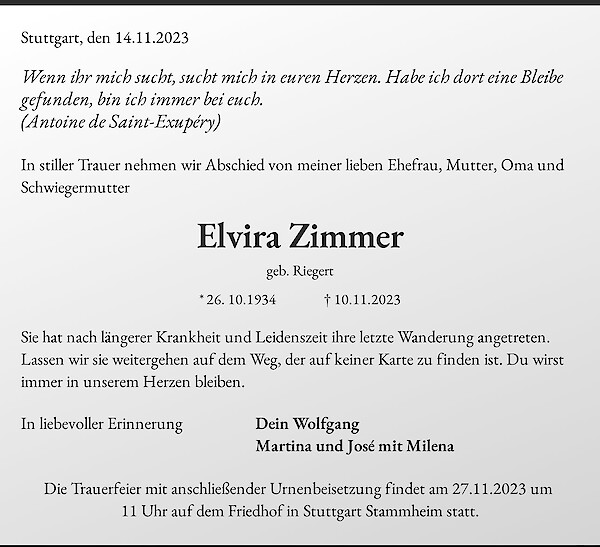 Traueranzeige von Elvira Zimmer, Stuttgart