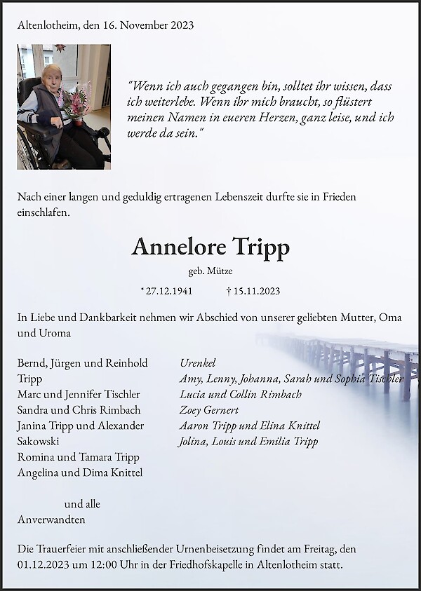 Traueranzeige von Annelore Tripp, Altenlotheim