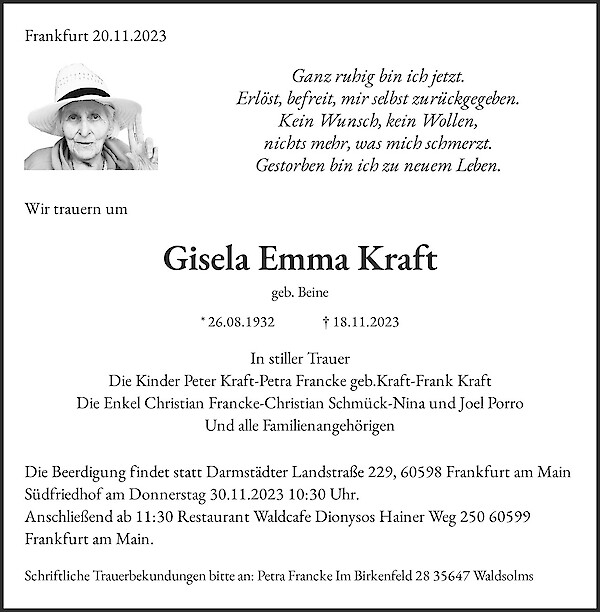 Traueranzeige von Gisela Emma Kraft, Frankfurt