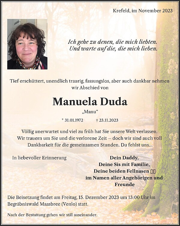 Traueranzeige von Manuela Duda