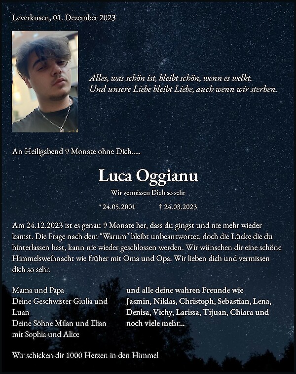Traueranzeige von Luca Oggianu, Leverkusen