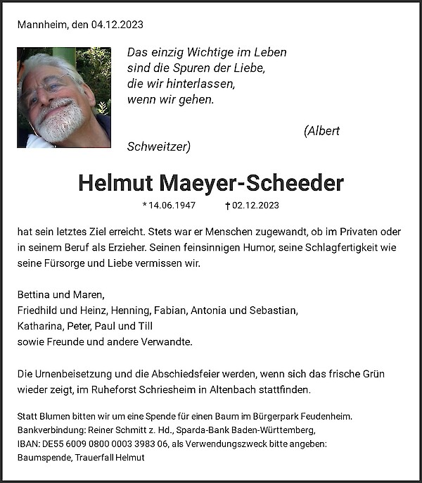 Traueranzeige von Helmut Maeyer-Scheeder, Mannheim