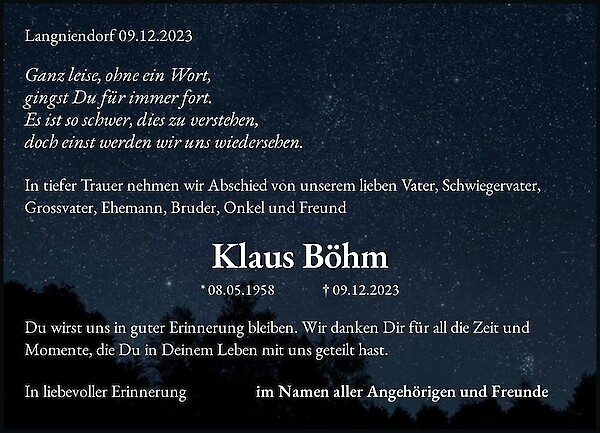 Traueranzeige von Klaus Böhm, Langniendorf