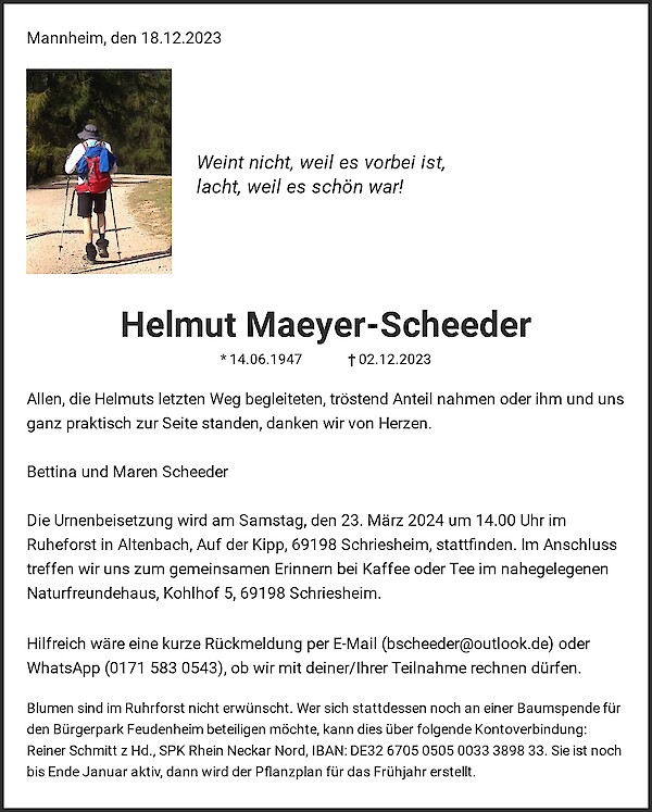 Traueranzeige von Helmut Maeyer-Scheeder, Mannheim