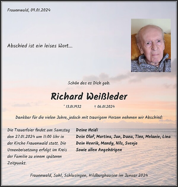 Traueranzeige von Richard Weißleder, Ilmenau, OT Frauenwald
