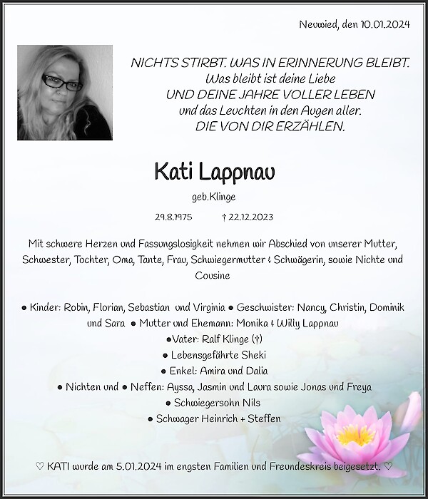 Traueranzeige von Kati Lappnau, Neuwied
