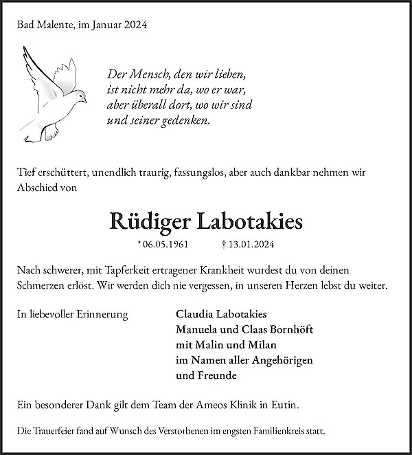 Traueranzeige von Rüdiger Labotakies, Bad Malente
