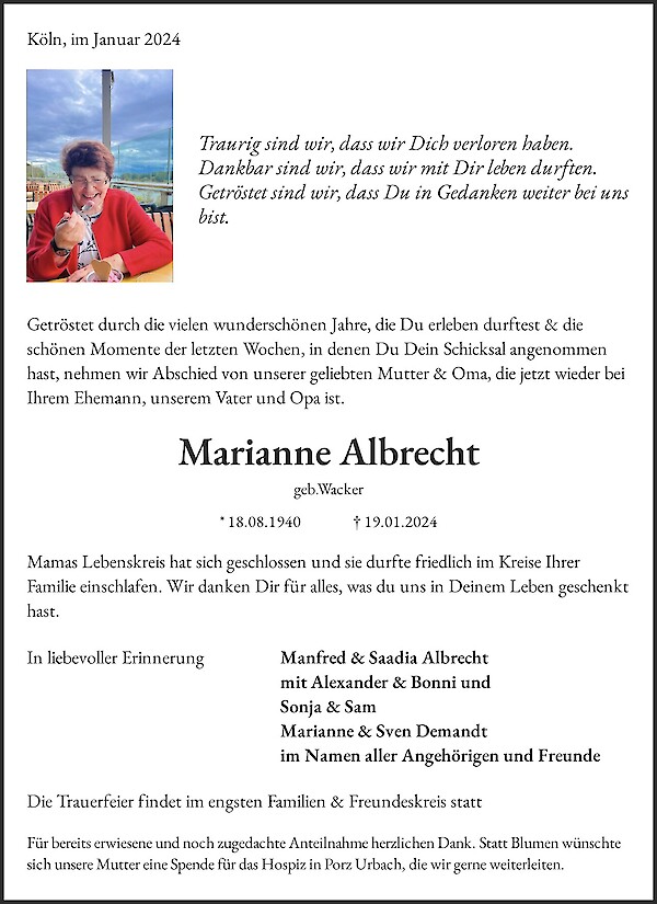 Traueranzeige von Marianne Albrecht, Köln-Flittard