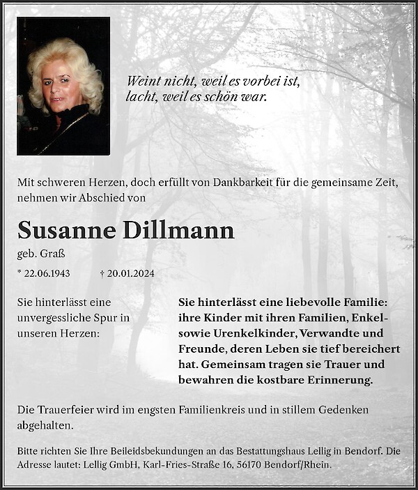Traueranzeige von Susanne Dillmann, Bendorf