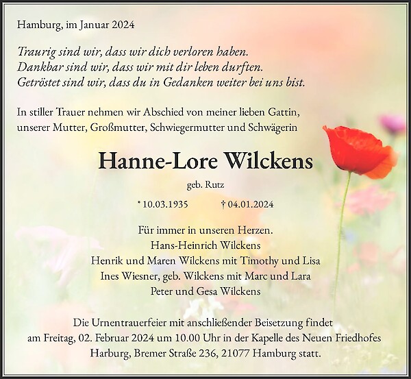 Traueranzeige von Hanne-Lore Wilckens