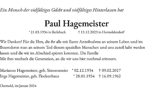 Traueranzeige von Paul Hagemeister