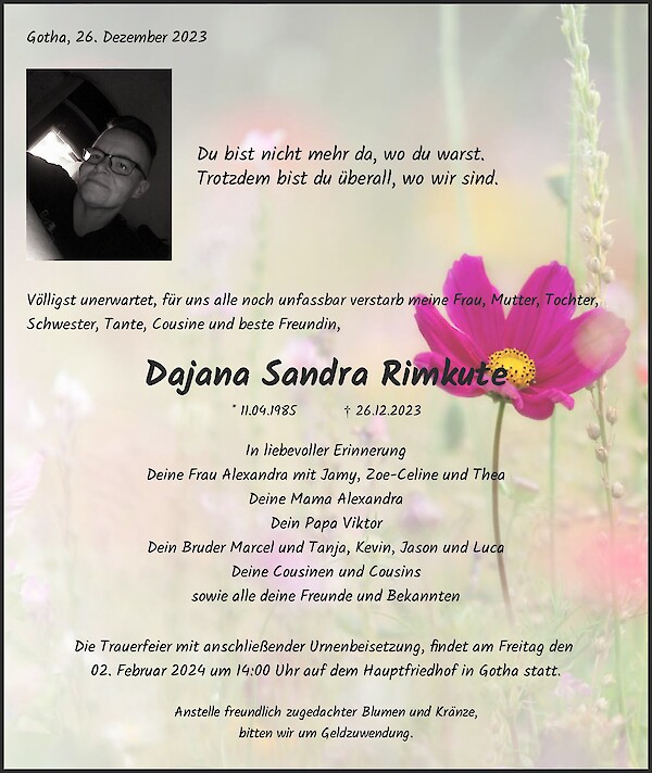 Traueranzeige von Dajana Sandra Rimkute