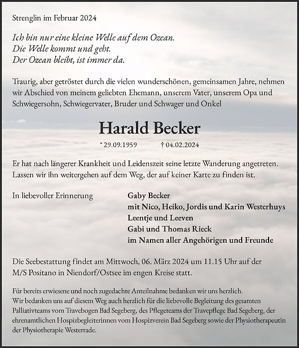 Traueranzeige von Harald Becker, Strenglin