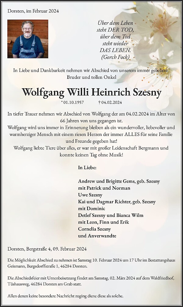 Traueranzeige von Wolfgang Willi Heinrich Szesny, Gladbeck