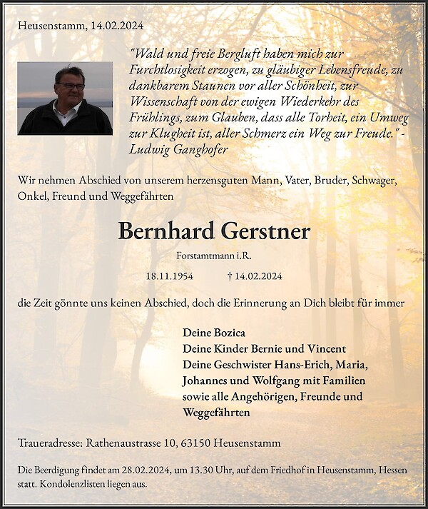 Traueranzeige von Bernhard Gerstner