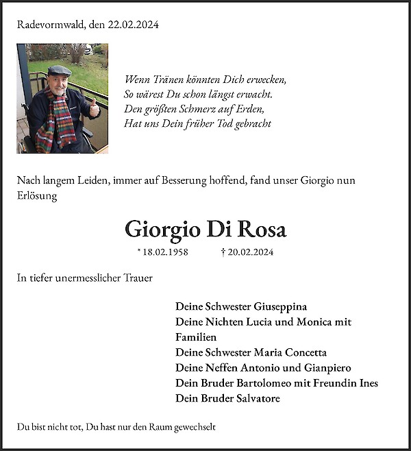 Traueranzeige von Giorgio Di Rosa, Radevormwald