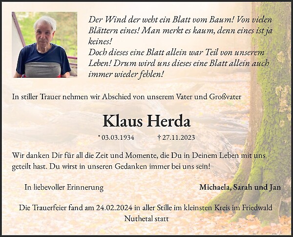 Traueranzeige von Klaus Herda