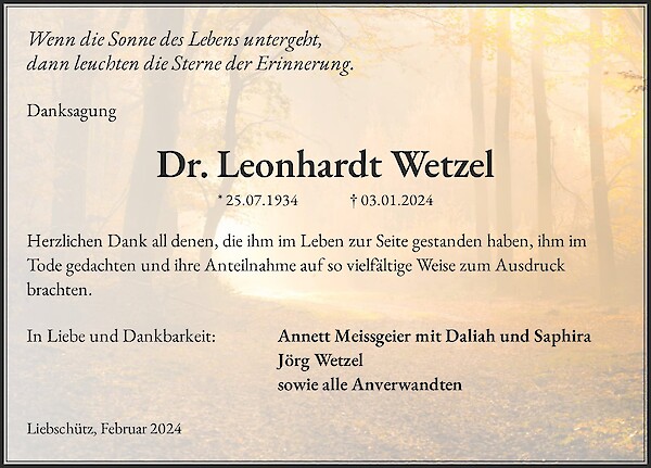 Traueranzeige von Dr. Leonhardt Wetzel, Remptendorf