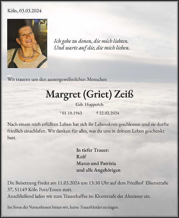 Traueranzeige von Margret (Griet) Zeiß, Köln