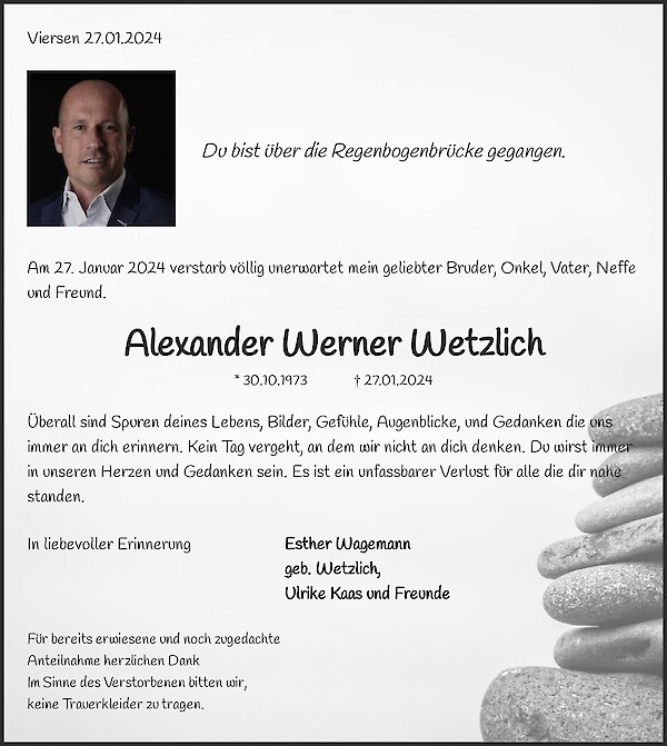 Traueranzeige von Alexander Werner Wetzlich, Schweiz