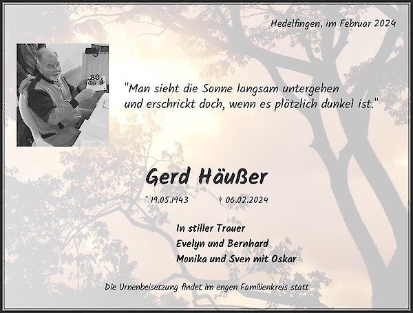 Traueranzeige von Gerd Häußer, Stuttgart